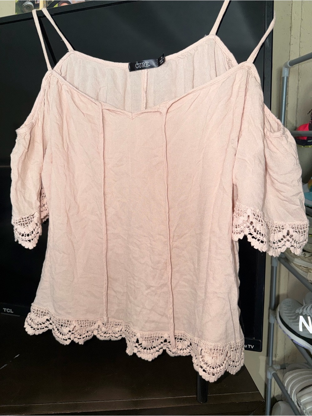 Cure Blush Pink Cold-Shoulder Lace Trim Women’s Top